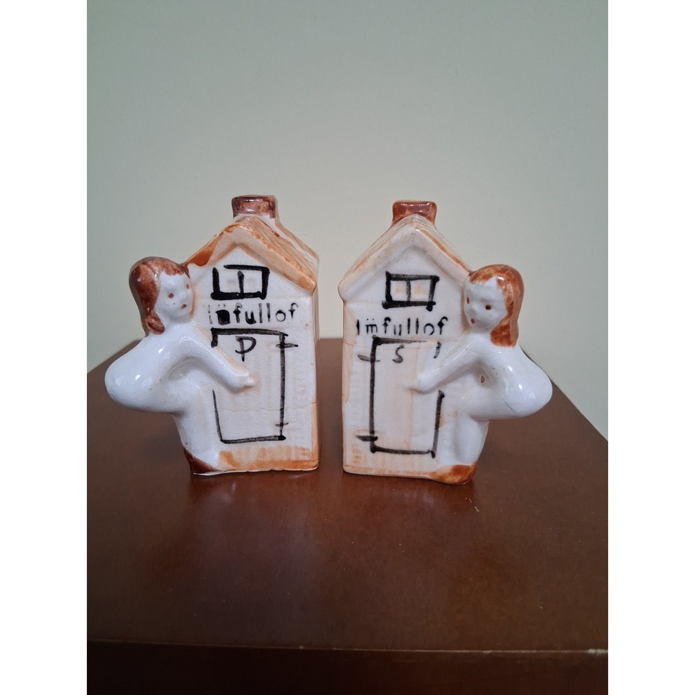 I'm Full Of S & P  Vintage Ceramic Outhouses With Ladies Salt And Pepper Shakers